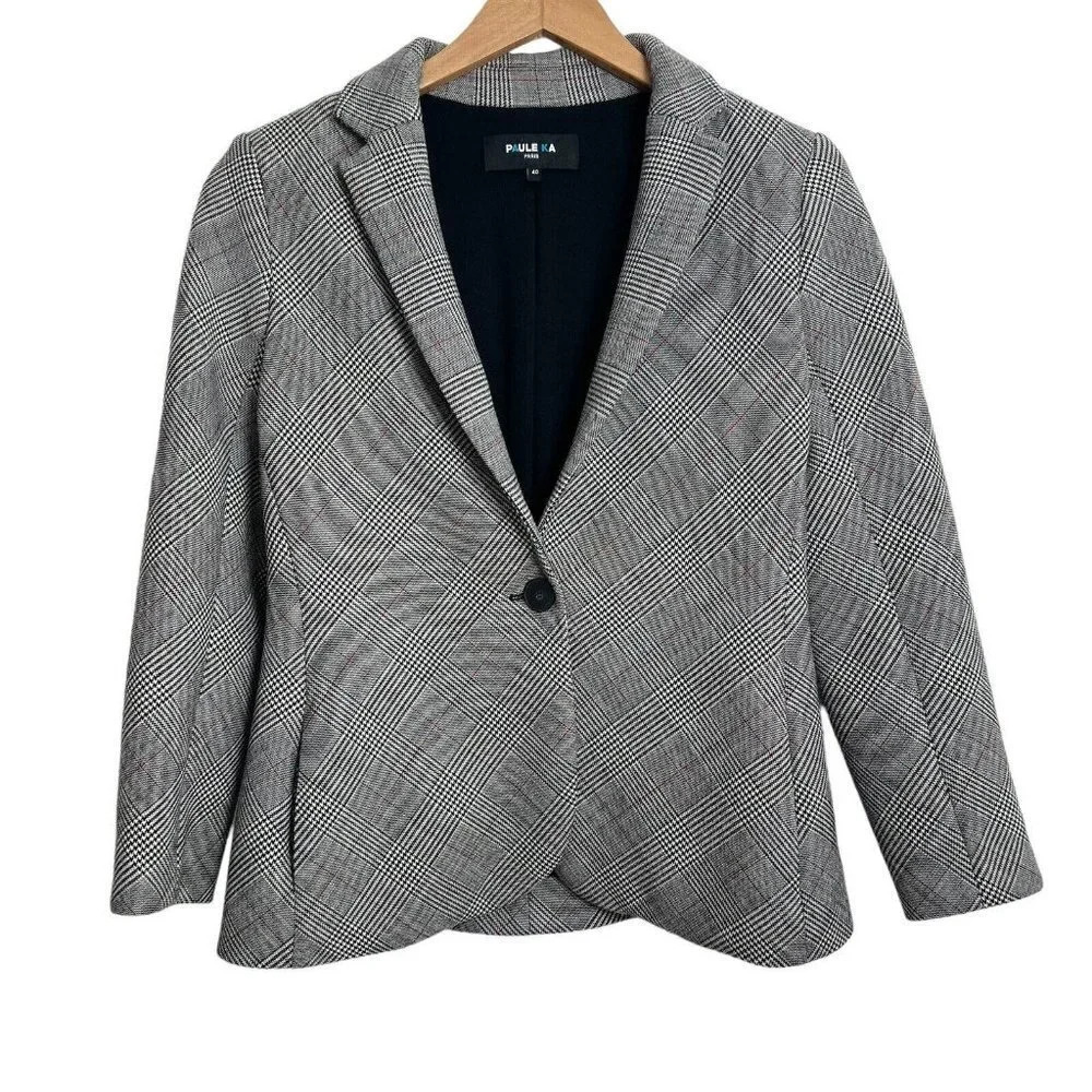 Paule Ka Paris Women's 8 Single Button Virgin Wool Blazer Gray Plaid‎
